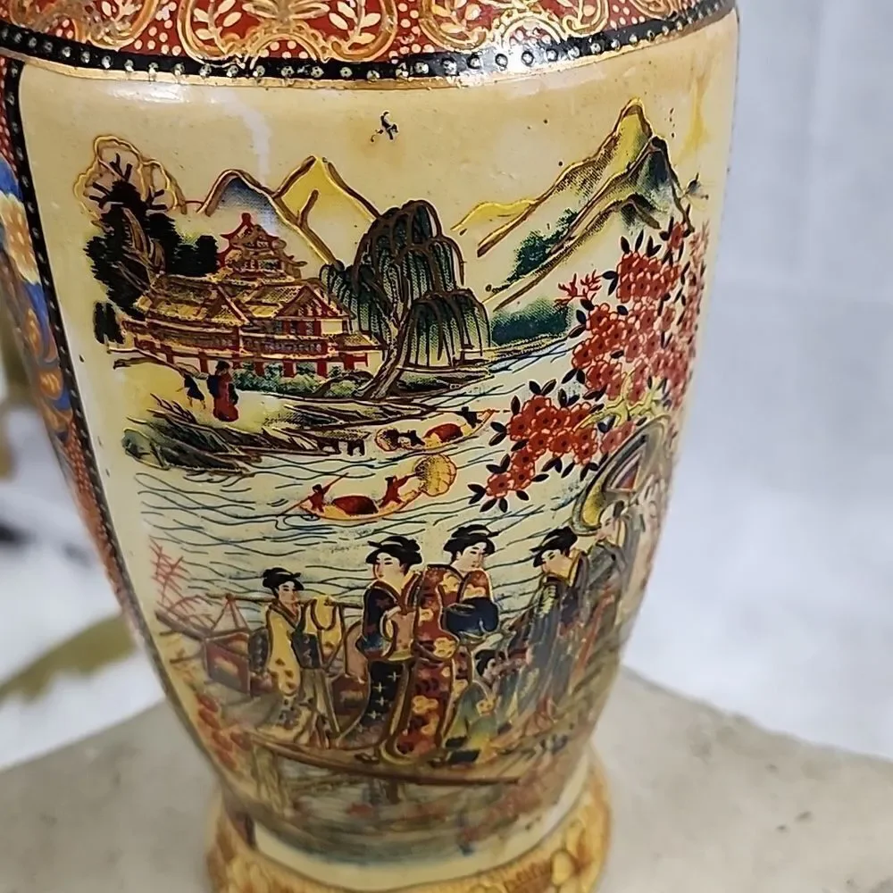 Hand Painted Japanese Water and Mountain Scene Vase Urn